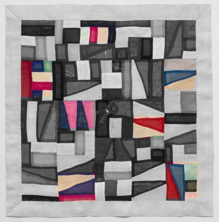 Patchwork bojagi (wrapping cloth), unknown Korean creator. Seven patches highlighted in color, remainder in grey.